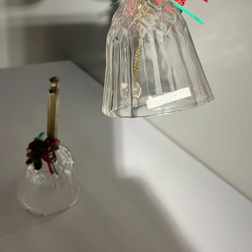 Vintage GLASS BELL W/ BRASS HANDLE Diamond Pattern Hand Bell~ Wedding Dinner 7”.